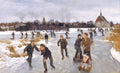 A winter landscape painting showing children ice skating and sledding on a snowy river or pond, with reeds, buildings, and a church in the background under a cloudy sky.