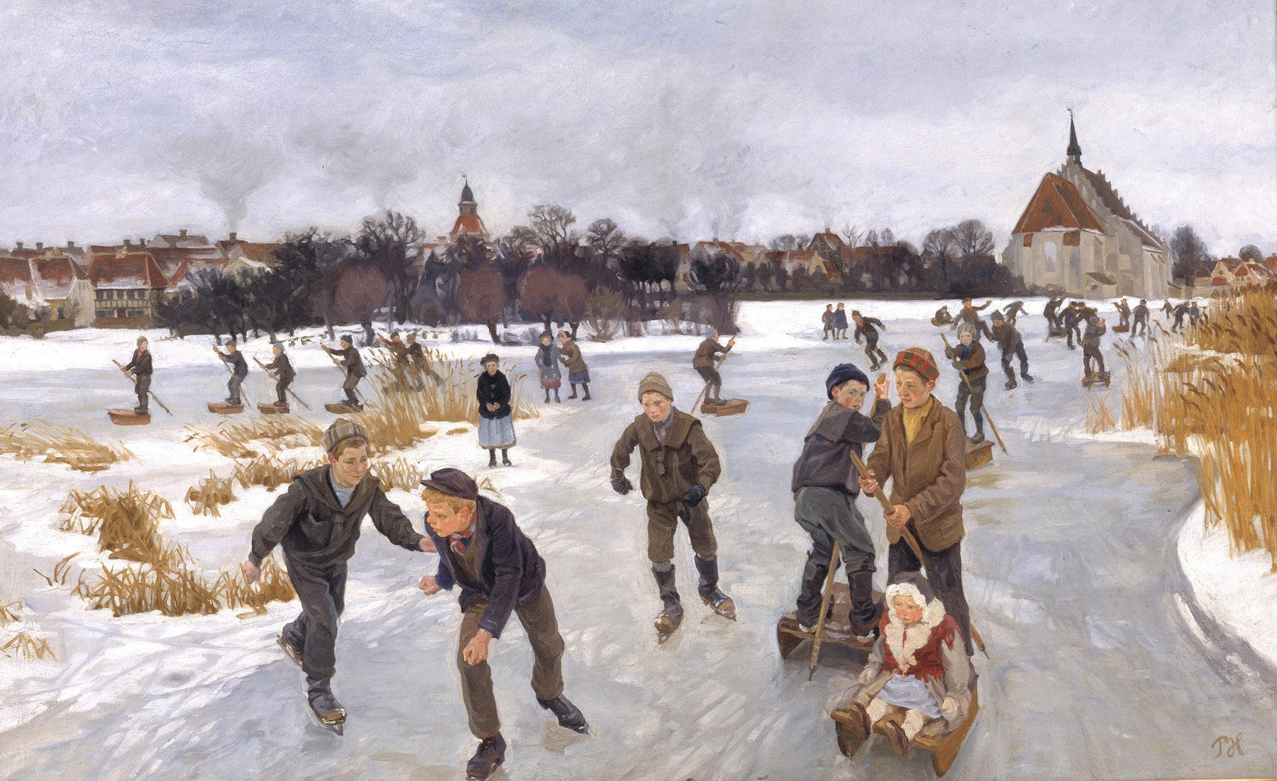 A winter landscape painting showing children ice skating and sledding on a snowy river or pond, with reeds, buildings, and a church in the background under a cloudy sky.