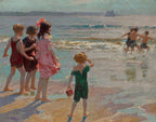An impressionist oil painting depicting children playing on a beach, with a group standing on the shore and others wading into the ocean under a soft, hazy sky.