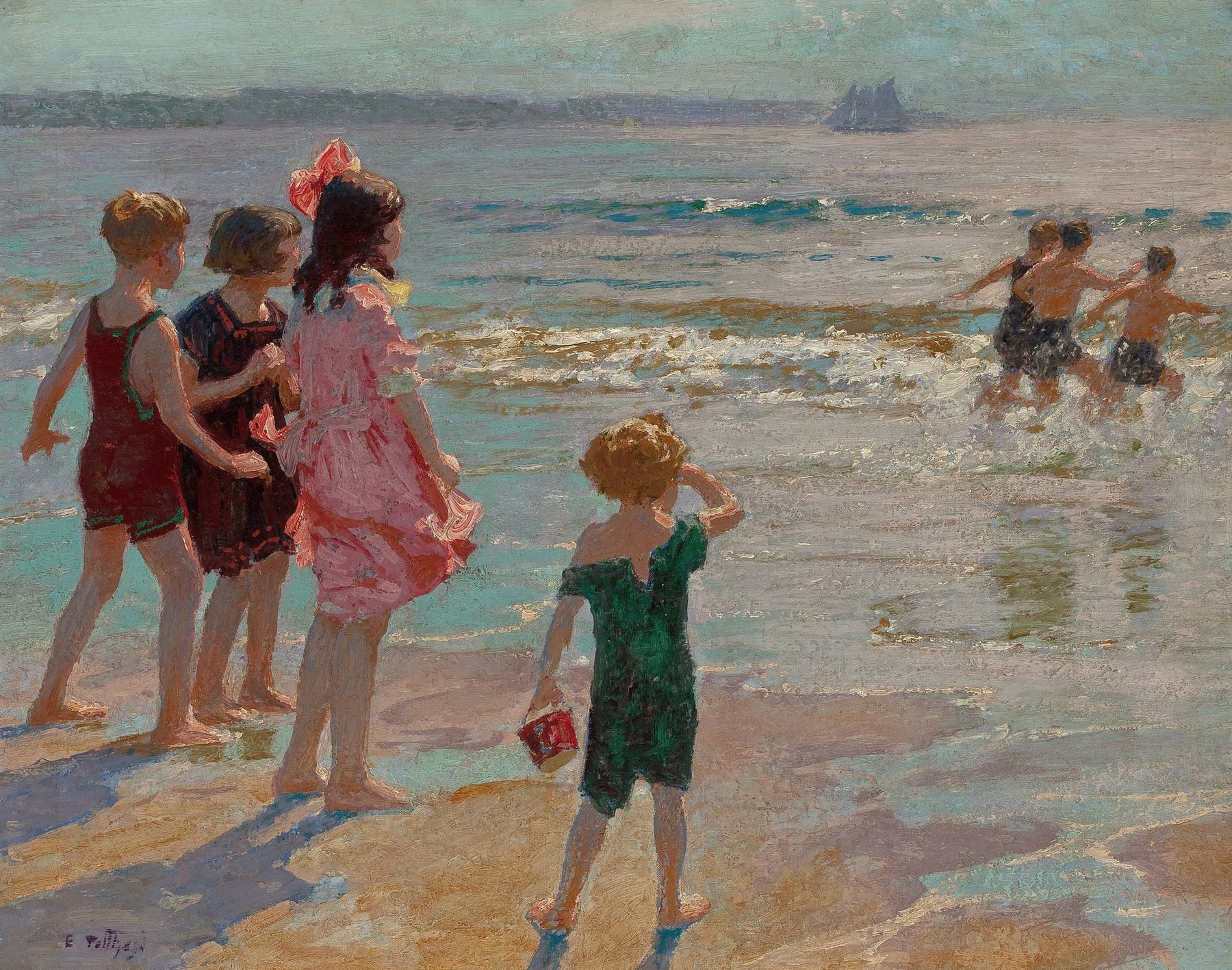 An impressionist oil painting depicting children playing on a beach, with a group standing on the shore and others wading into the ocean under a soft, hazy sky.