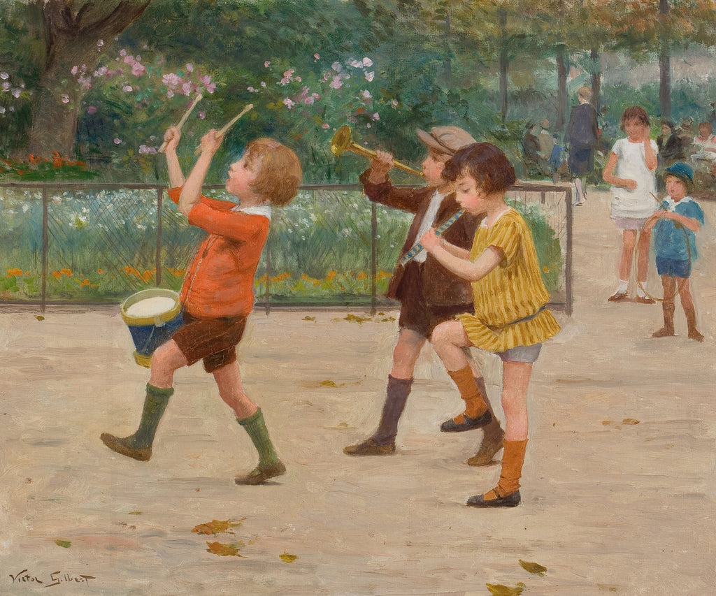 Children playing musical instruments in a park setting