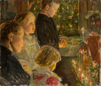 An impressionistic painting depicting several children gathered indoors around a table with lit candles and holiday greenery, rendered in warm earthy tones of brown, beige, black, and soft red accents.
