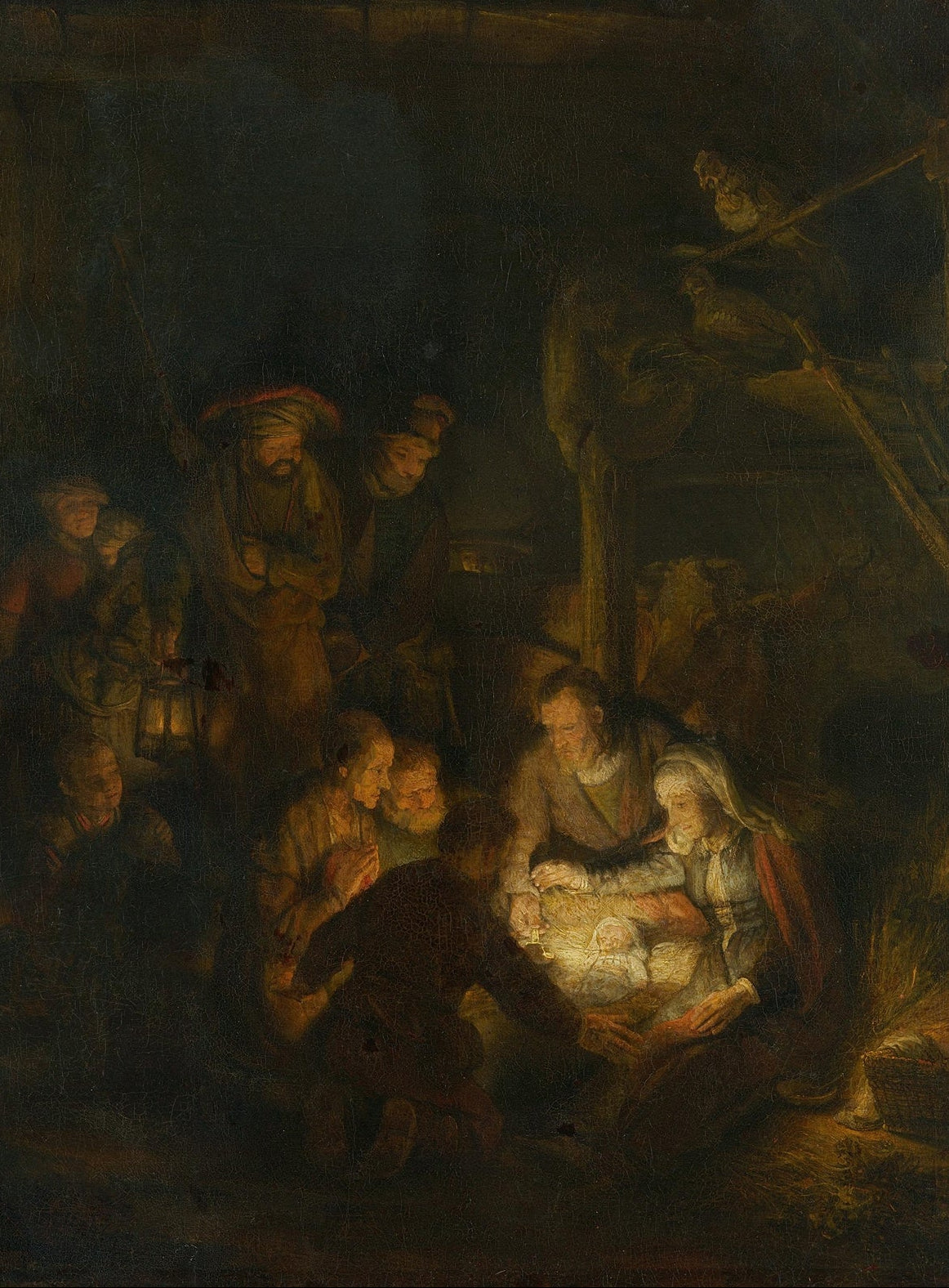 A dark, classical painting depicting a nativity scene with several figures gathered around a glowing baby in a dimly lit stable. The composition is dominated by deep shadows and warm brown, gold, and beige tones.