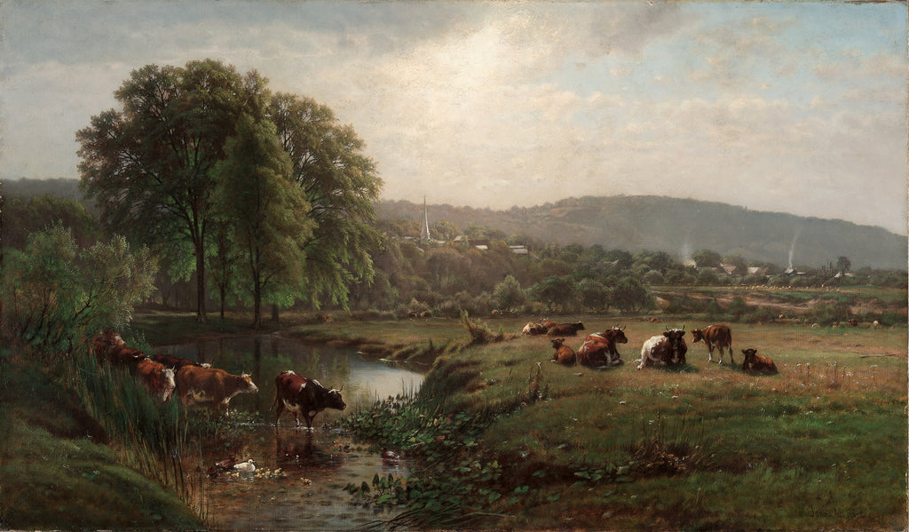 A classical landscape painting depicting a pastoral countryside with cows grazing and drinking from a small stream, set among green trees and fields under a cloudy sky.