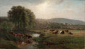 A classical landscape painting depicting a pastoral countryside with cows grazing and drinking from a small stream, set among green trees and fields under a cloudy sky.