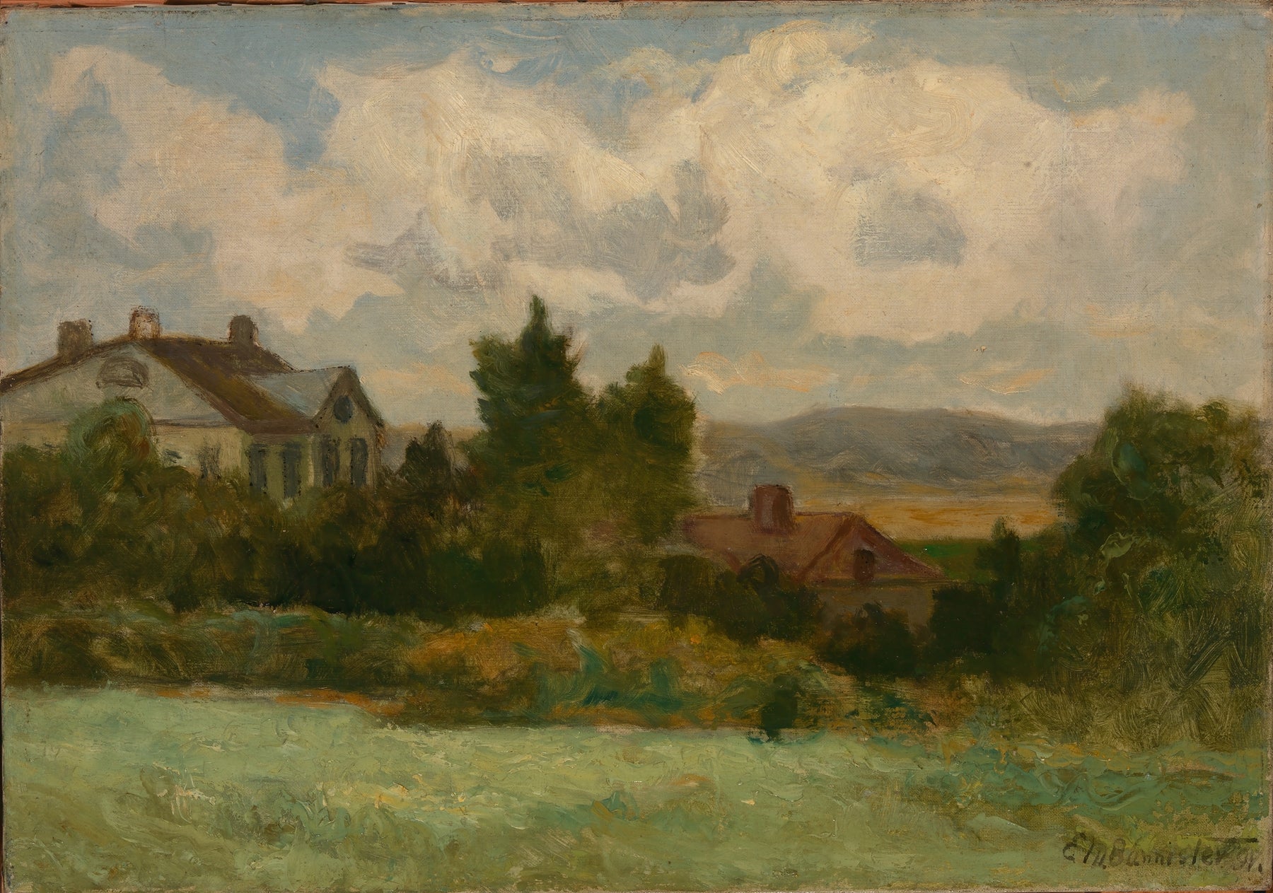 An impressionist landscape painting depicting a rural scene with a large house on the left, a smaller cottage with a red roof on the right, trees, distant hills, and a cloudy sky. The painting is signed in the lower right corner.