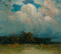 An oil painting of a dramatic storm landscape, featuring a massive, textured cloud formation in shades of blue, gray, and white over a dark tree line and a grassy foreground.