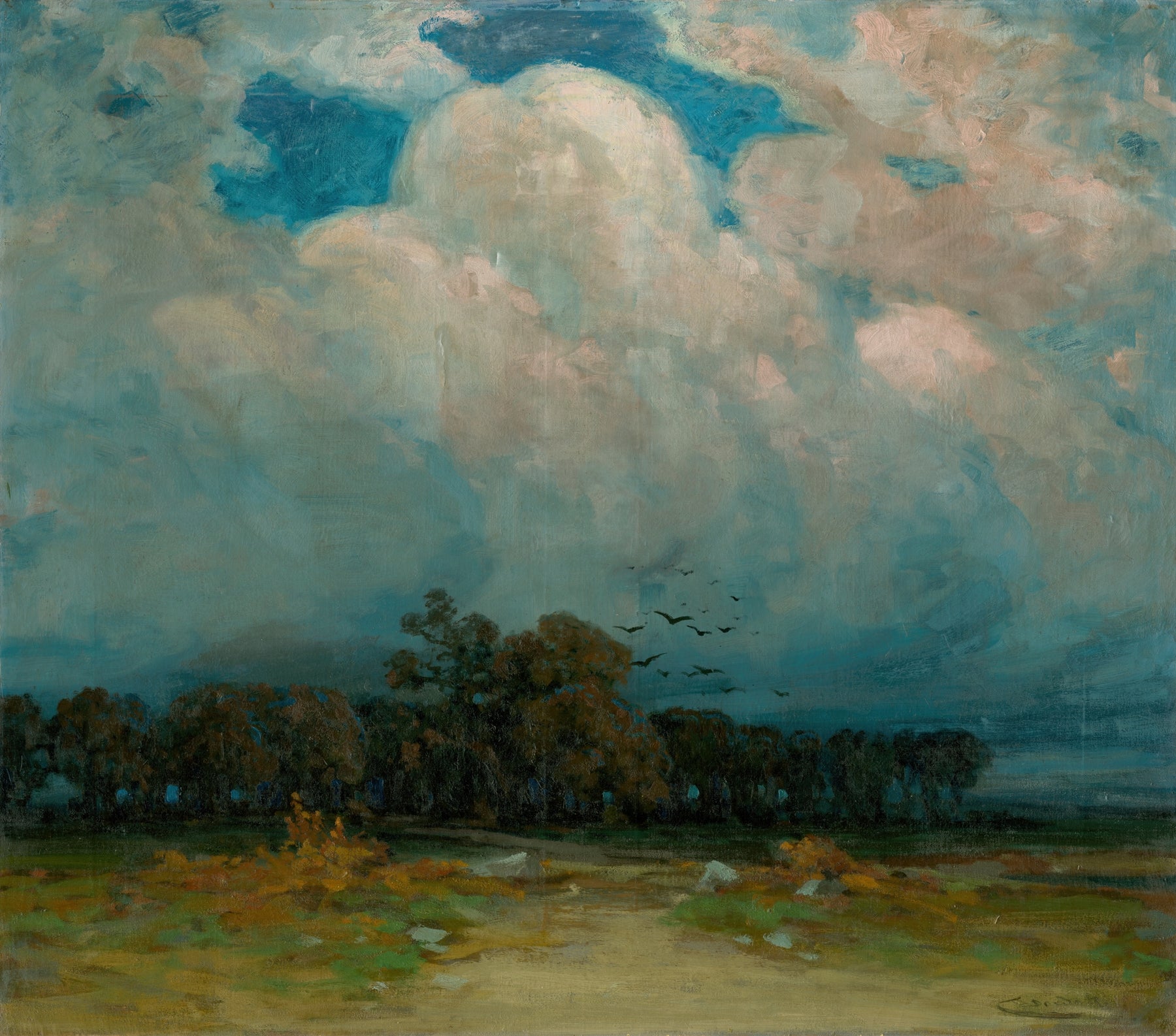 An oil painting of a dramatic storm landscape, featuring a massive, textured cloud formation in shades of blue, gray, and white over a dark tree line and a grassy foreground.