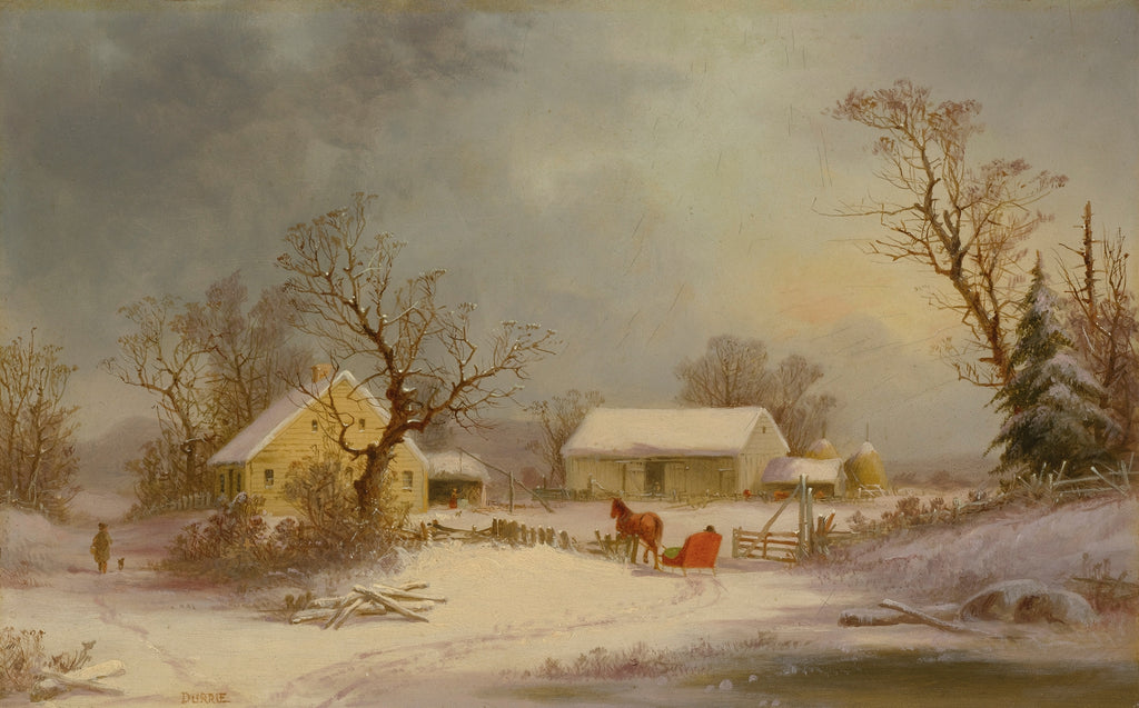 A winter landscape painting showing snow-covered farm buildings, bare trees, a horse and sleigh near a small red cart, and a pale sky with misty light.