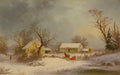 A winter landscape painting showing snow-covered farm buildings, bare trees, a horse and sleigh near a small red cart, and a pale sky with misty light.