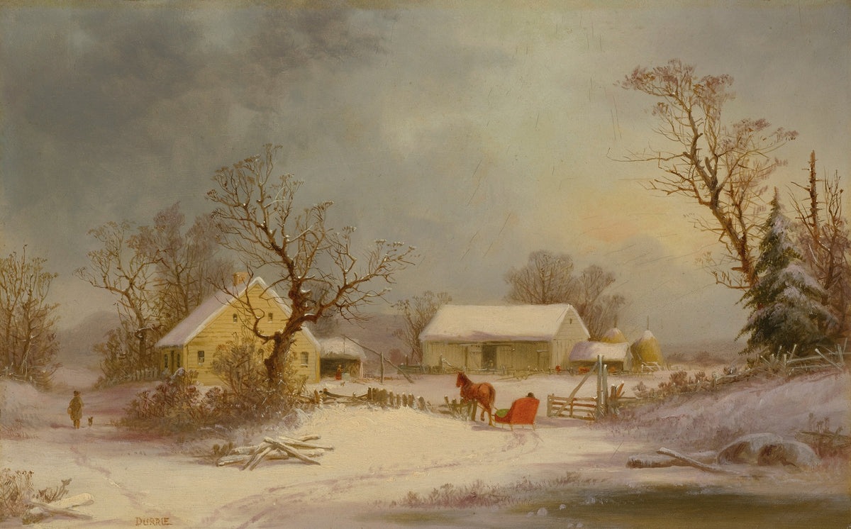 A winter landscape painting showing snow-covered farm buildings, bare trees, a horse and sleigh near a small red cart, and a pale sky with misty light.