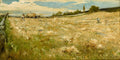 Painting of a pastoral scene with people and animals in a field.