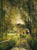 Impressionist landscape painting of a sunlit woodland scene with a small house, trees, and a reflective stream in the foreground.