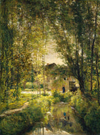Impressionist landscape painting of a sunlit woodland scene with a small house, trees, and a reflective stream in the foreground.