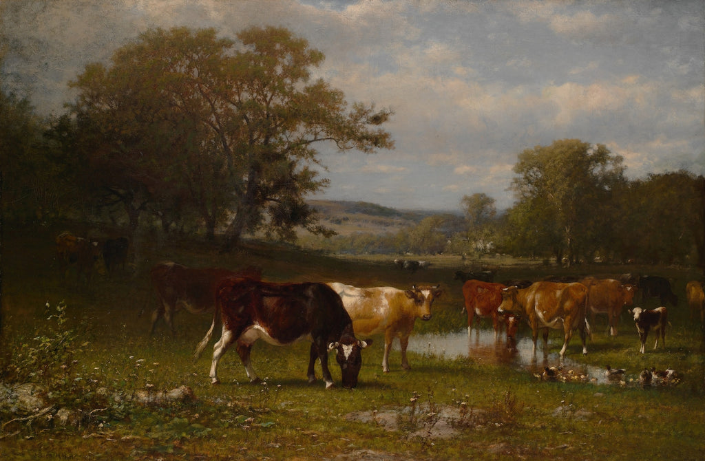 A classical landscape painting depicting a pastoral English scene with several cows and calves gathered around a small pond in a grassy field, surrounded by trees under a cloudy sky.
