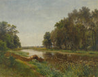 A classical landscape oil painting depicting a calm river winding through a lush green forest, with a fallen log in the foreground and a soft, hazy sky.