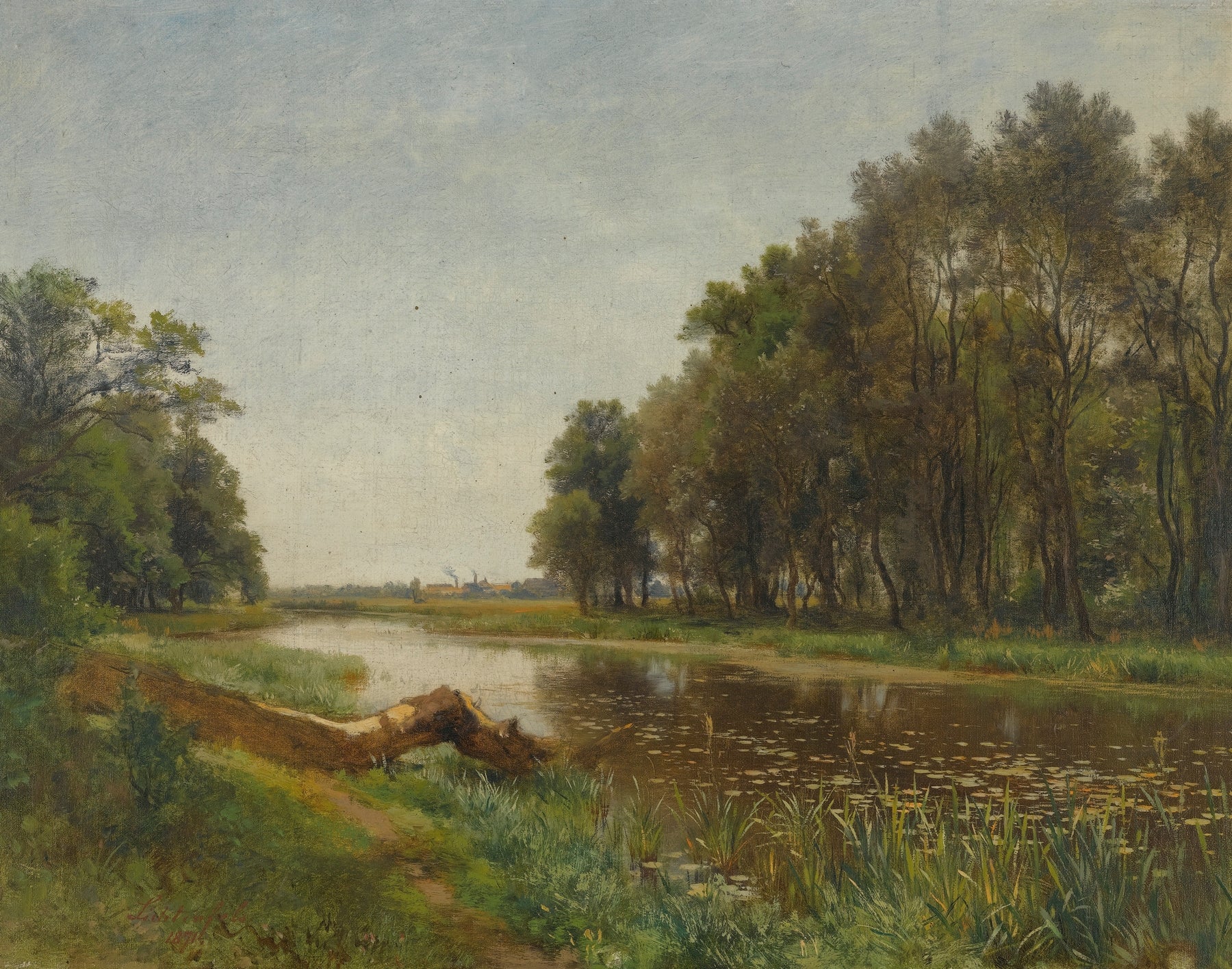 A classical landscape oil painting depicting a calm river winding through a lush green forest, with a fallen log in the foreground and a soft, hazy sky.