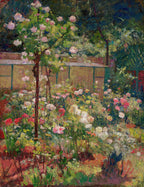 Impressionist-style garden painting with pink and white flowers, green foliage, and a greenhouse in the background, rendered in painterly brushstrokes.