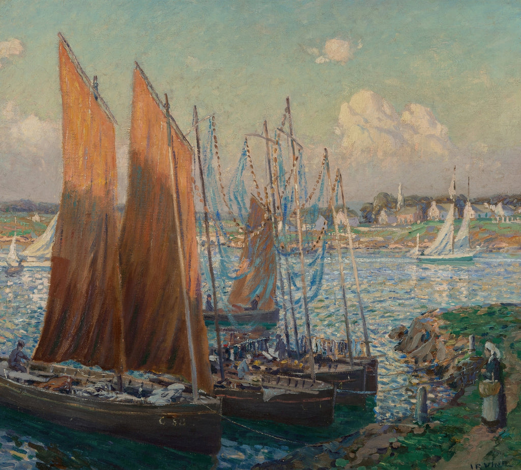 Impressionist-style painting of several sailboats with large brown and blue sails anchored in blue water near a shoreline with buildings and a small figure on the right.