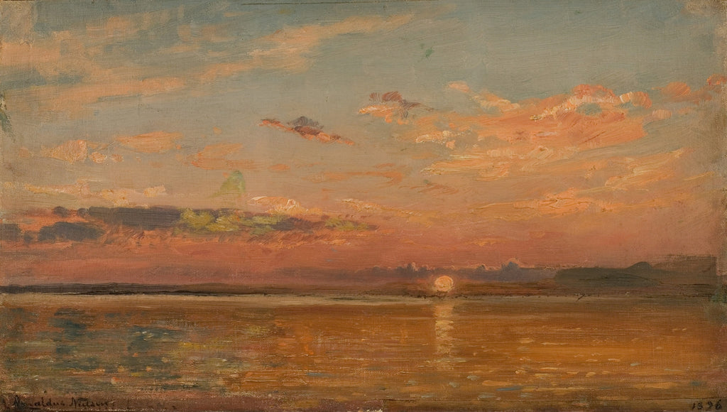 An impressionist landscape oil painting depicting a calm lake or river at sunset, with warm orange and pink clouds reflecting on the water, dark distant landforms, and a pale sky.