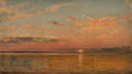 An impressionist landscape oil painting depicting a calm lake or river at sunset, with warm orange and pink clouds reflecting on the water, dark distant landforms, and a pale sky.