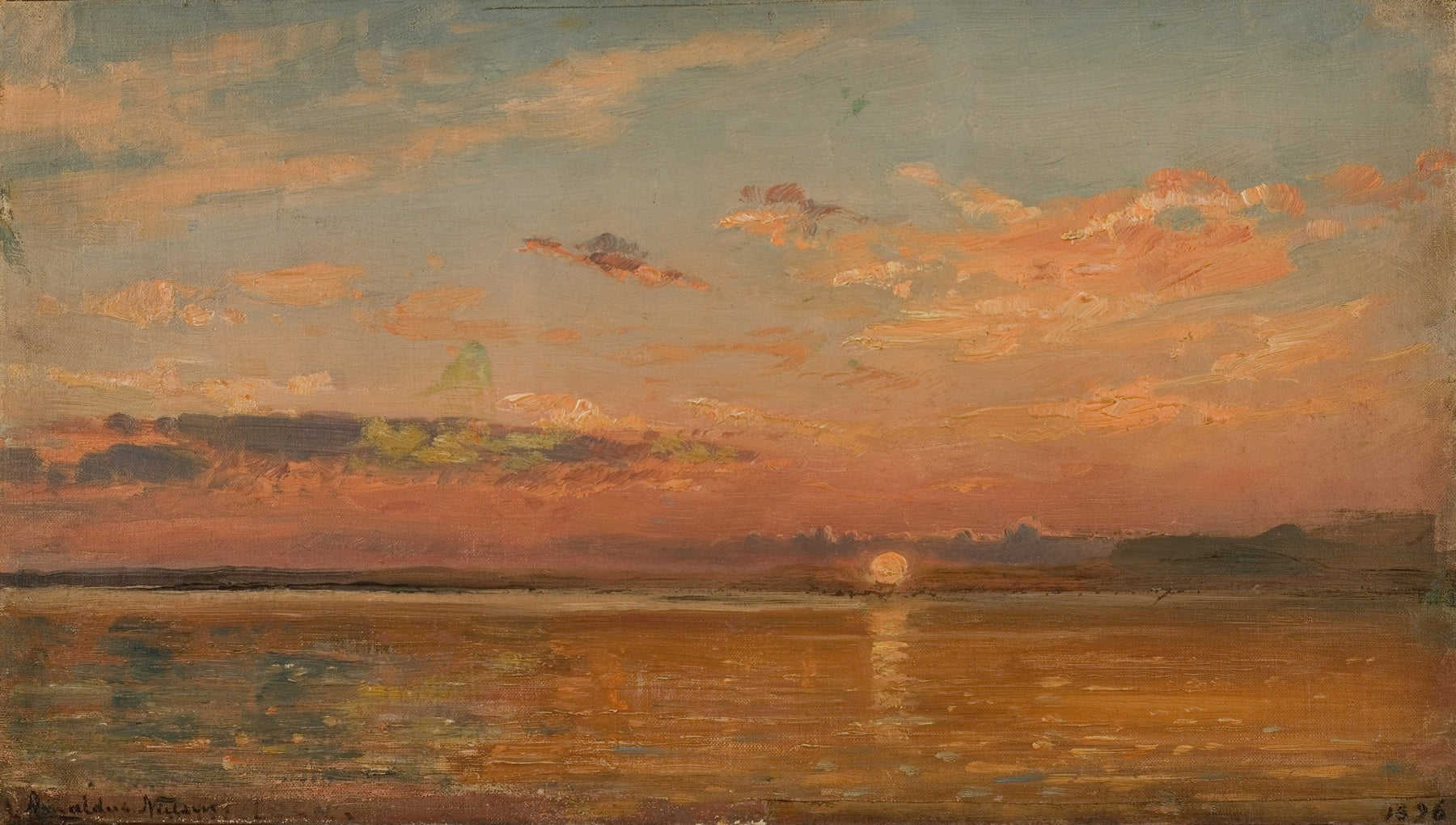 An impressionist landscape oil painting depicting a calm lake or river at sunset, with warm orange and pink clouds reflecting on the water, dark distant landforms, and a pale sky.