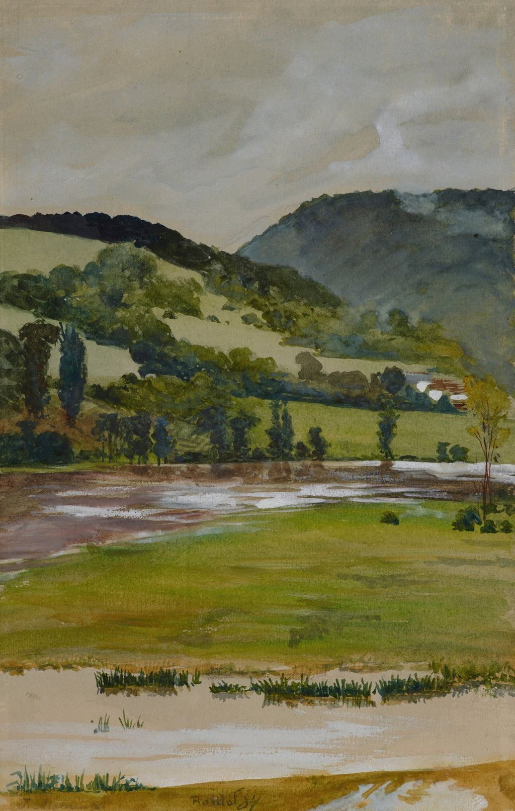 A watercolor landscape painting depicting rolling green hills, trees, a river or marsh in the foreground, and a dark mountain under a cloudy sky.