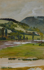 A watercolor landscape painting depicting rolling green hills, trees, a river or marsh in the foreground, and a dark mountain under a cloudy sky.