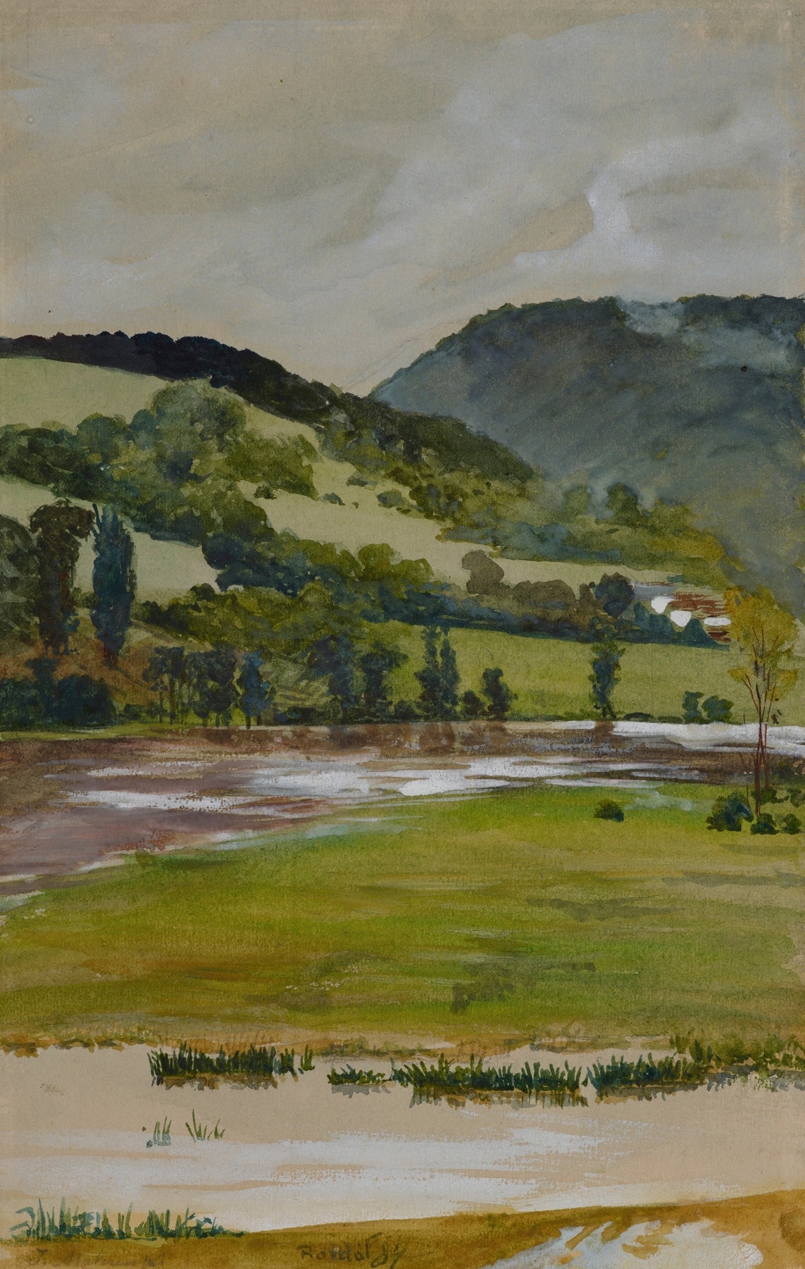 A watercolor landscape painting depicting rolling green hills, trees, a river or marsh in the foreground, and a dark mountain under a cloudy sky.