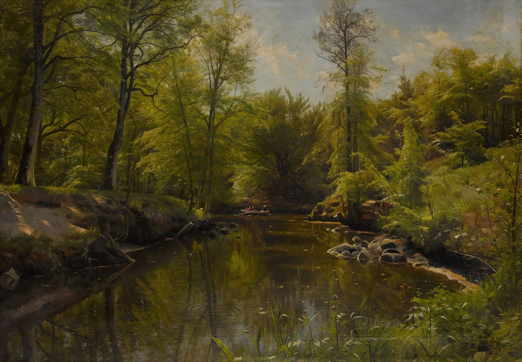 A classical landscape painting depicting a calm river flowing through a dense green forest, with trees, foliage, rocks, and reflections in the water under a soft sky.