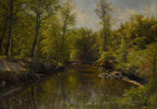 A classical landscape painting depicting a calm river flowing through a dense green forest, with trees, foliage, rocks, and reflections in the water under a soft sky.