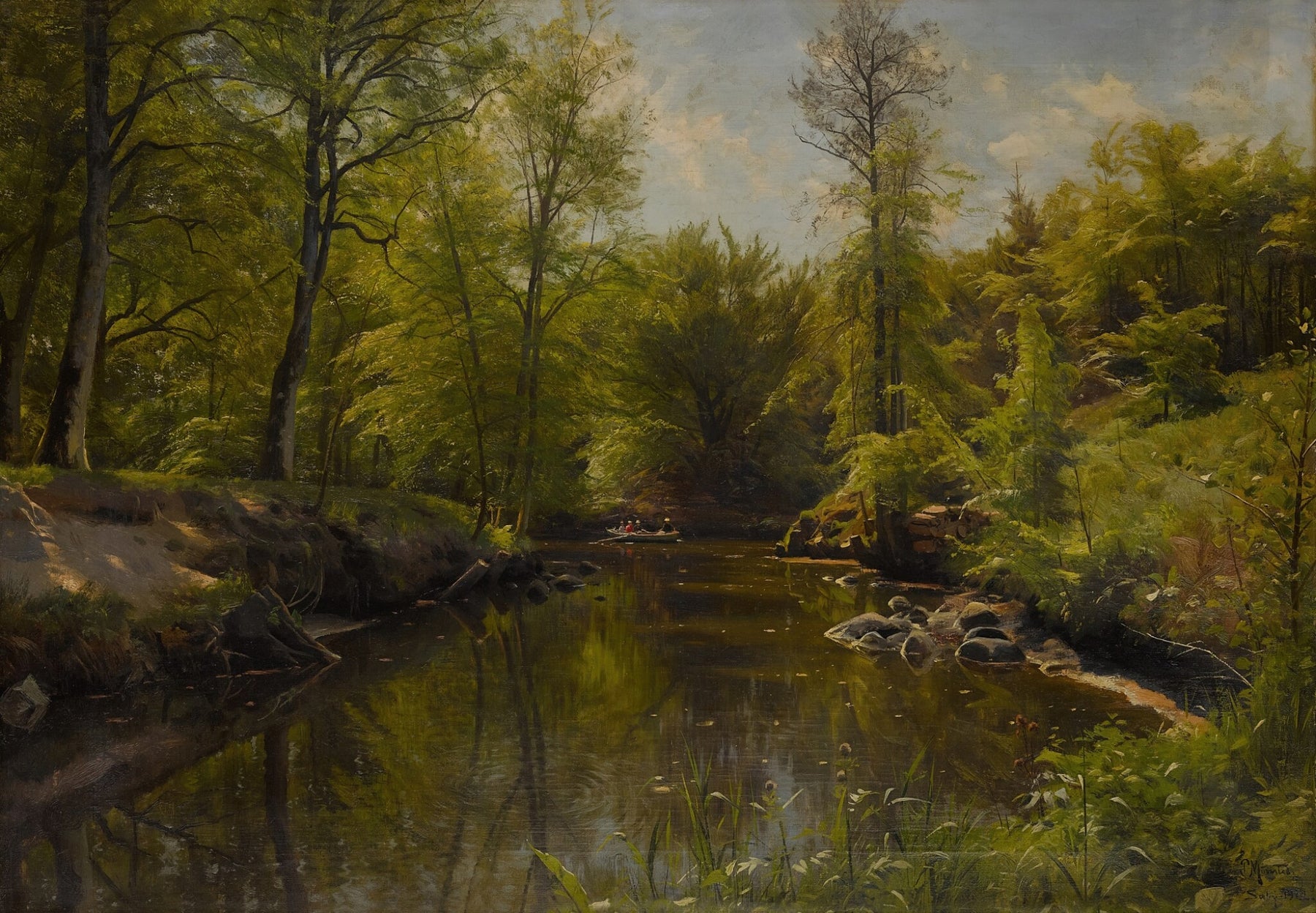 A classical landscape painting depicting a calm river flowing through a dense green forest, with trees, foliage, rocks, and reflections in the water under a soft sky.