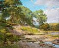 An oil landscape painting depicting a rocky river flowing through a lush green valley under a blue sky with white clouds.