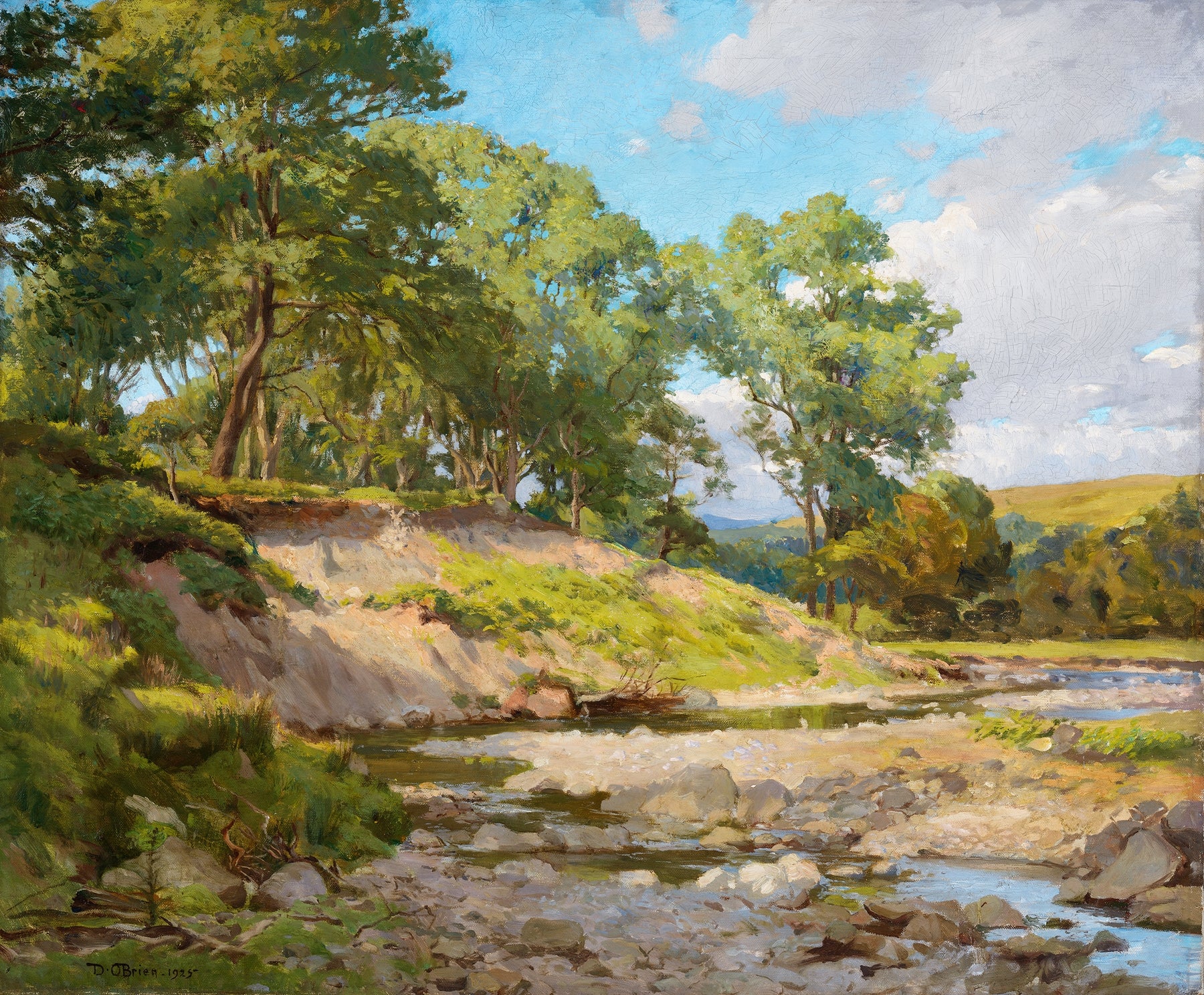 An oil landscape painting depicting a rocky river flowing through a lush green valley under a blue sky with white clouds.