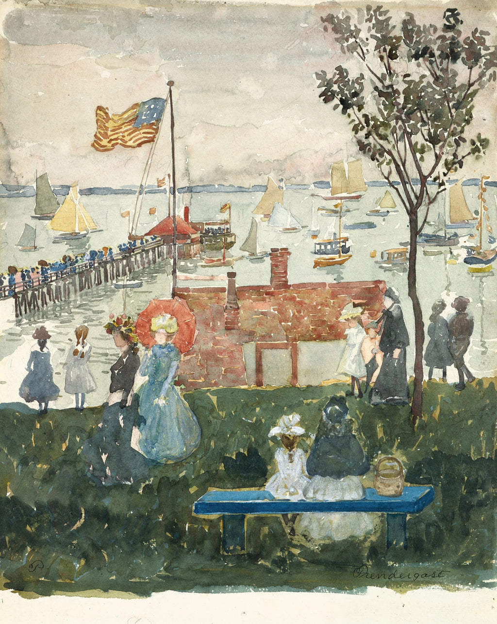 A watercolor painting of a harbor scene with boats on the water, a dock with people, and several figures standing and sitting in the foreground near a bench and tree.