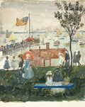 A watercolor painting of a harbor scene with boats on the water, a dock with people, and several figures standing and sitting in the foreground near a bench and tree.