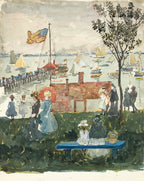 A watercolor painting of a harbor scene with boats on the water, a dock with people, and several figures standing and sitting in the foreground near a bench and tree.