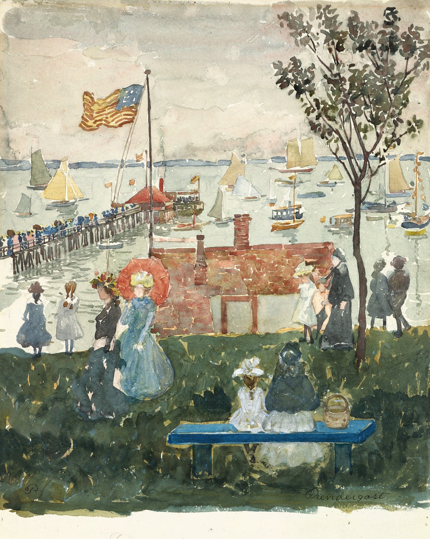 A watercolor painting of a harbor scene with boats on the water, a dock with people, and several figures standing and sitting in the foreground near a bench and tree.