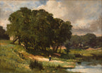 An impressionist landscape painting depicting a large cluster of dark green trees beside a calm river under a cloudy sky, with a small figure standing on a path near the water.