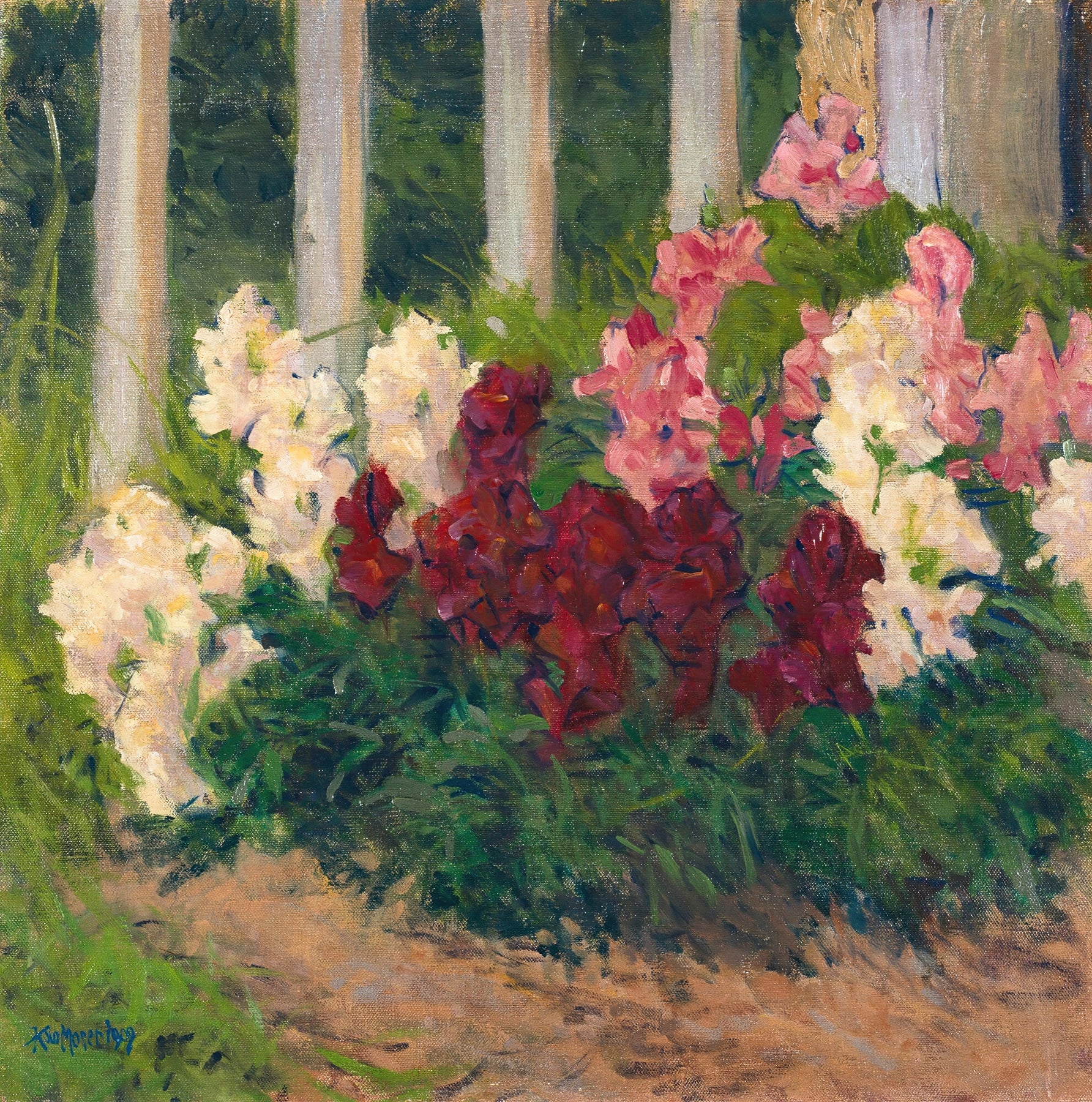 An impressionistic painting of a flowerbed with pink and deep red blossoms among green foliage, set against pale tree trunks and a dirt path.