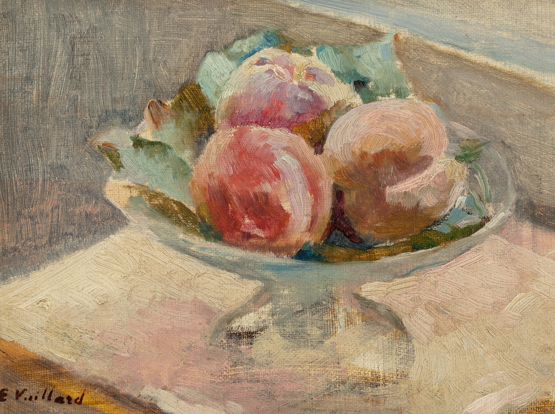 Impressionist oil painting of three pinkish-red peaches in a glass bowl with green leaves, signed E. V.