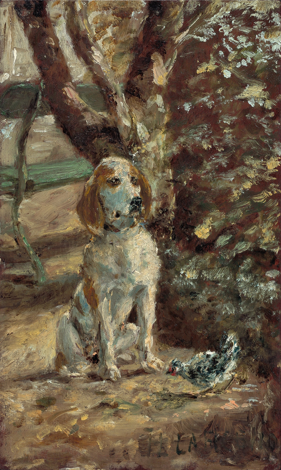 Painting of a dog and a chicken under a tree