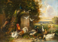 A classical oil painting depicting a lively farmyard scene with a peacock, rooster, ducks, chickens, and doves gathered around a stone pillar in a sunlit outdoor setting.