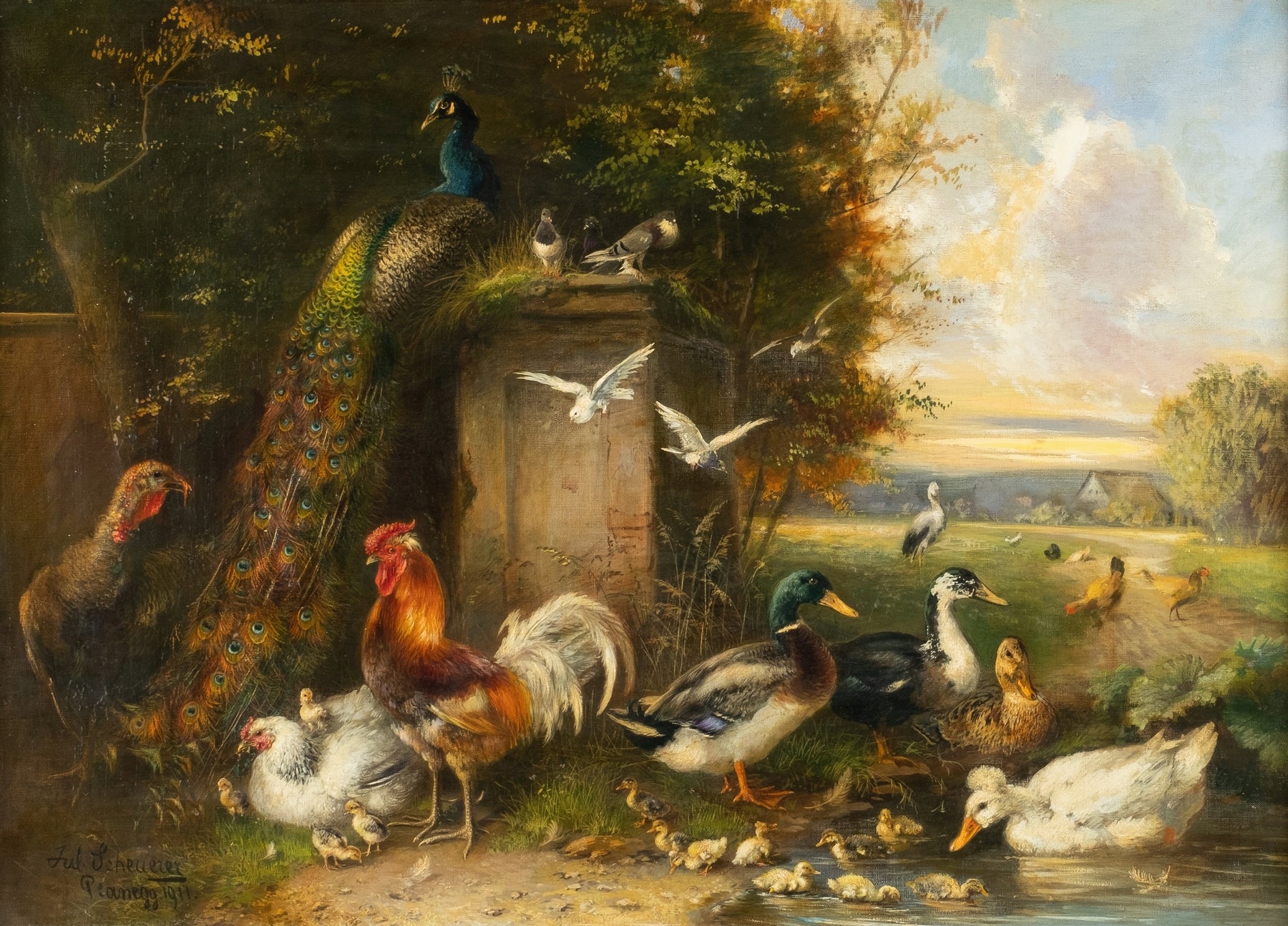 A classical oil painting depicting a lively farmyard scene with a peacock, rooster, ducks, chickens, and doves gathered around a stone pillar in a sunlit outdoor setting.