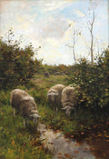 A landscape painting showing three sheep grazing near a small reflective stream in a grassy field, with shrubs, trees, and a cloudy sky in the background.