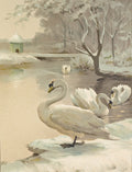 Vintage watercolor illustration of three white swans in a snowy winter landscape with bare trees, a small building, and a pale beige border background. Signed E.