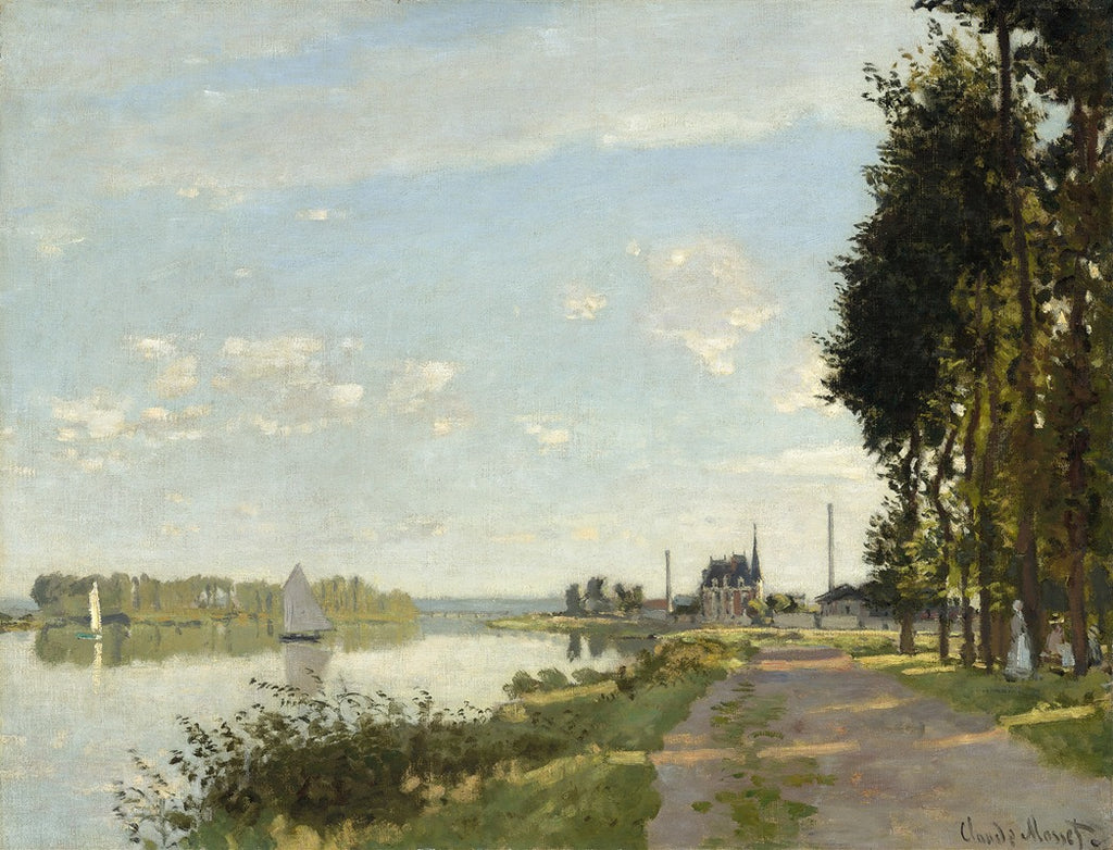 Painting of a river landscape with a path, trees, and a sailboat.
