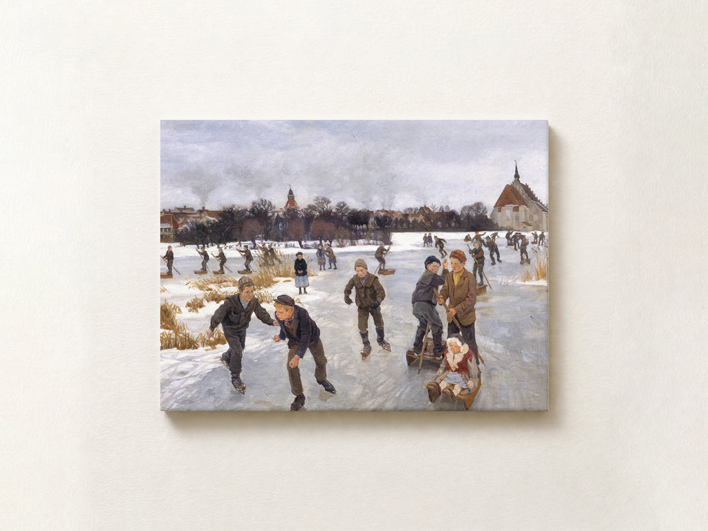 A square canvas print of a classic painting depicting children ice skating on a snowy field, mounted on a textured off-white wall.