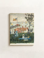 A square canvas art print depicting an impressionist harbor scene with boats, a tree, and figures, mounted on a light beige wall.