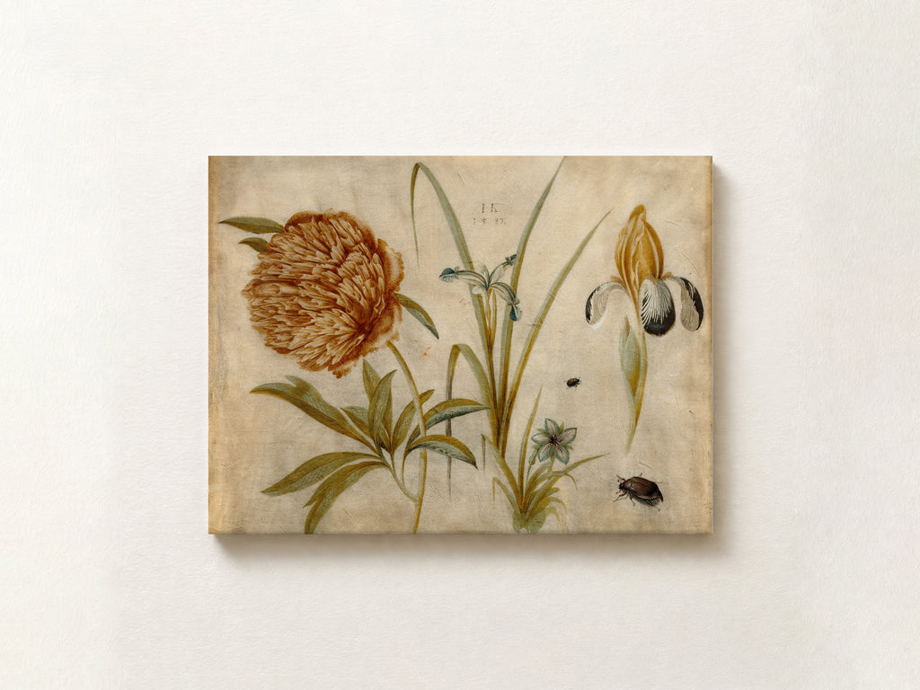 A rectangular botanical art print featuring a vintage-style illustration of flowers and leaves on a warm beige background, displayed against a light textured wall.